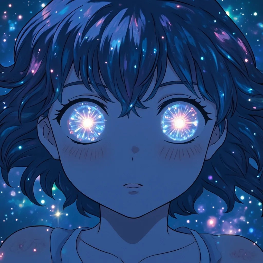Anime Studio Ghibli, cute cosmic goddess, glowing eyes, universe in eyes, iridescent, hypnotic eyes, ultra-detailed, waist-up, maximalist