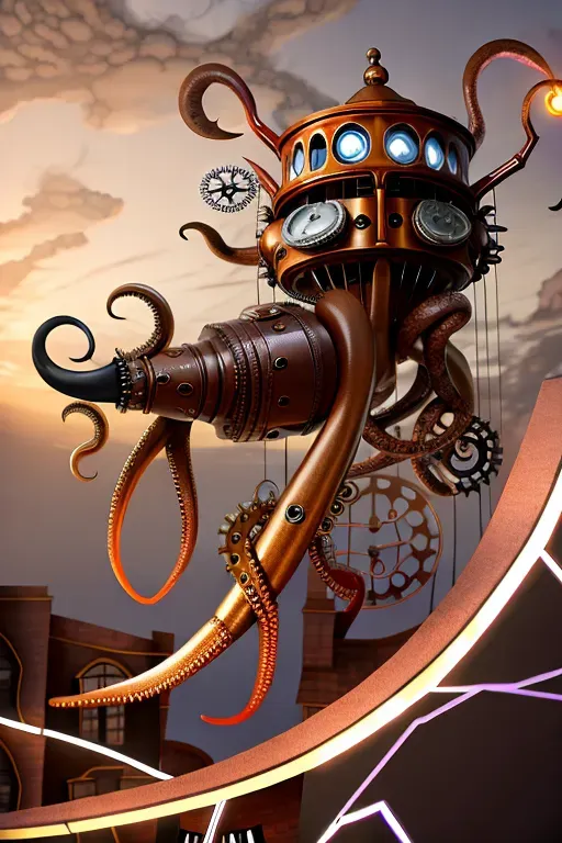 Steampunk squid with tentacles flying outside in the air