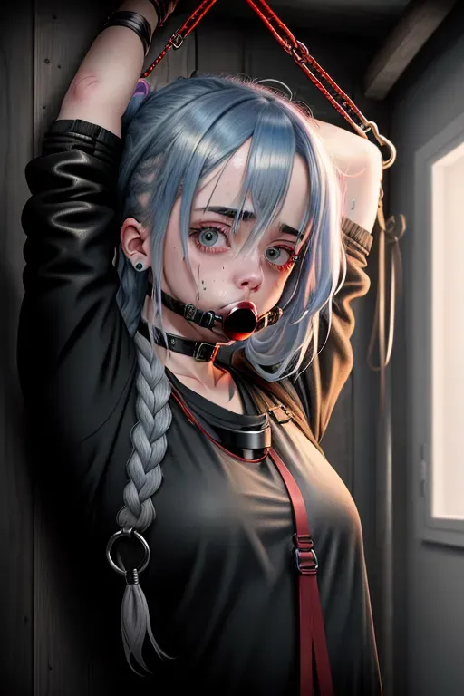Real photo, Billie Eilish, tied up with rope, in basement ,hands tied behind back, hanging, mouth gag, nude, extreme bondage, futa, shemale, huge cock, dpmg_ball_gag_v1
