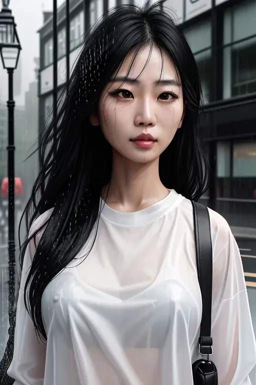 Dopamine Girl Asian Woman Raining Photo Realism Oversize Eyes Black Eyeliner In London