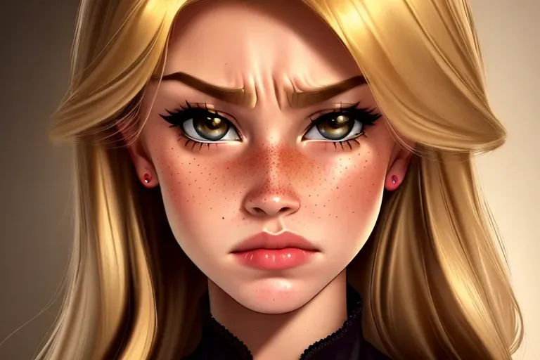 best quality, masterpiece, solo, western, cute, blushing, freckles, angry blonde demon girl, angry, babe, cartoon