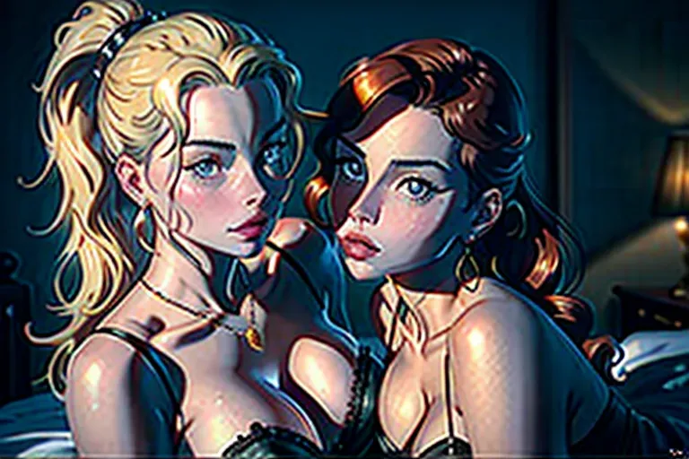 a concept art of, ((Margot Robbie and Scarlett Johansson)) ,((kissing passionately on top of each other while fingering)) , ((both full body in frame)),(((satin wearing nightgown))) ,kissing lesbian, passionate lesbian sex, on top of each other, wearing stockings, long hair, ponytail, doing sexy pose, on silk sheets,on bed, big breasts, big ass, five slender fingers,ponytail,charming face,beautiful lips,brown eyes,curved eyebrows,curved eyelid,textured skin,peaceful,wearing necklace,highly detailed,smooth,professional,pixiv,artstation, ultra realistic,smooth,8k,studio lighting,surreal, (beautiful detailed eyes, symmetrical eyes), dramatic lighting, (photorealism:1. 5), (photorealistic:1. 4), (8kRAW photomasterpiece), High detail RAW color photo, a professional photorealistic, (highest quality), (best shadow), (best illustration), ultra high resolution, highly detailed CG unified 8K wallpapers, physics-based rendering, photo,realistic, realism, high contrast, hyperrealism, photography, f1. 6 lens, rich colors, hyper-realistic lifelike texture, cinestill 800,