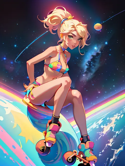 (8k), 4k image, ((masterpiece)), (HD photo), best quality, 1girl, unreal engine, (woman sitting on top of planet saturn), sitting on large colorful planet, (wearing a bikini), (wearing roller skates), kawaii, black and bright vivid colors, outer space background, stars in background, dpmg_barbara_palvin_v1, platinum blonde ponytail, perfect curves, cute pose,