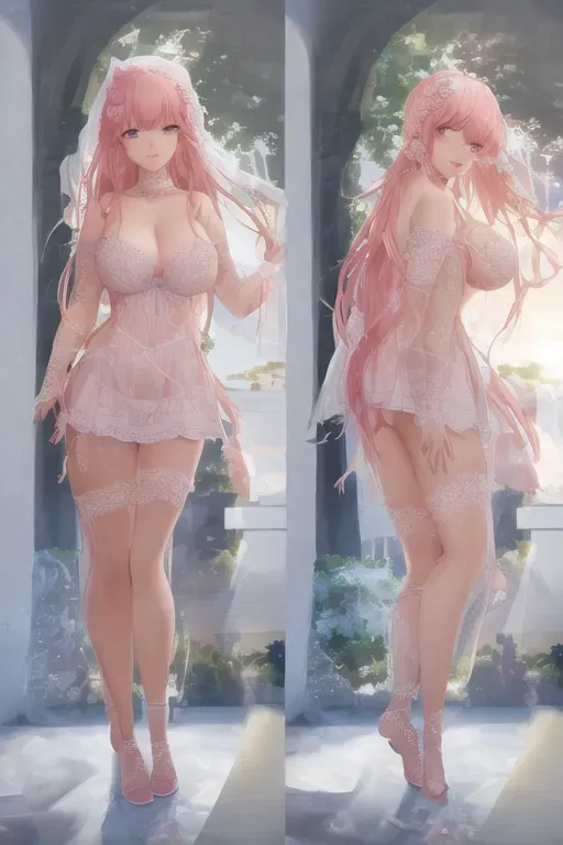 wide shot, 25 year old, a pornstar girl, insanely beautiful, lingerie, pink, wedding, sunset, natural light, happy, 8k, professional