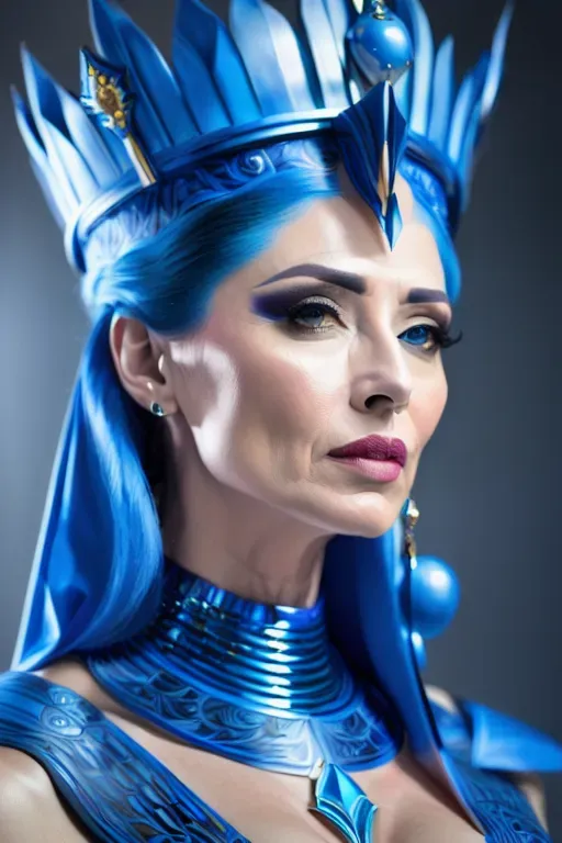 digital art, 25 year old, an empress, fit, naked, blue, photo studio, day time, studio light, serious, 8k, professional