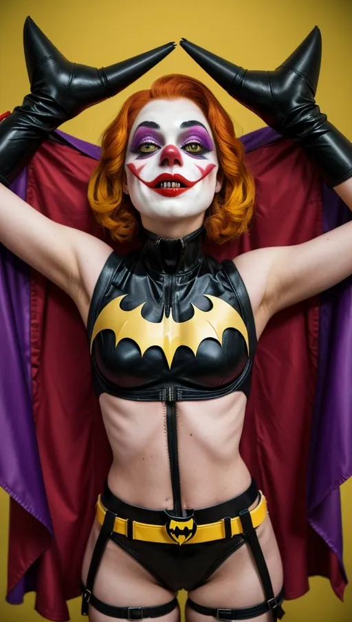 batgirl captured by clowns, the jokers men hold her tightly, ripped clothing