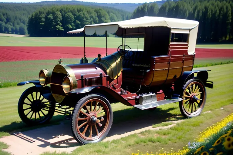 a high resolution 8K photo of, steampunk, early 1900s automobile, in a meadow with a farm