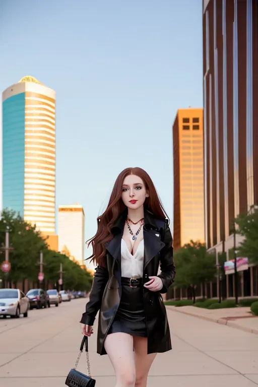 full body, chestnut hair, green eyes, short girl, black miniskirt, black high heel boots, red trench coat, looking at viewer, long hair, pale skin, black necklace, black blouse, 24 years old, giant breasts, cute face, pov, wavy hair, city environment, Oklahoma City