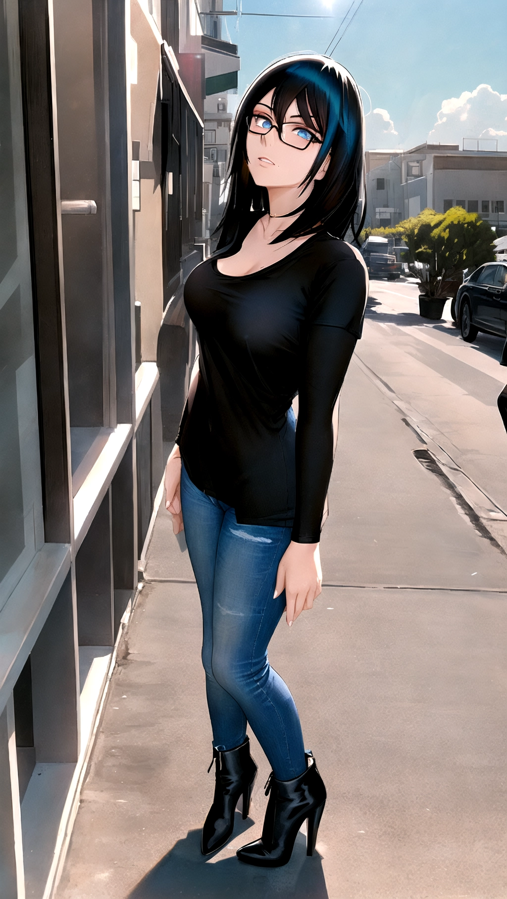 Woman with jet black emo hair with brown highlights, glasse, standing on the side of the street next to a bar, tight fitting black t shirt, medium breast poking through shirt, light blue jeans, black high heels boots, blue eyes, daytime, sun shining bright