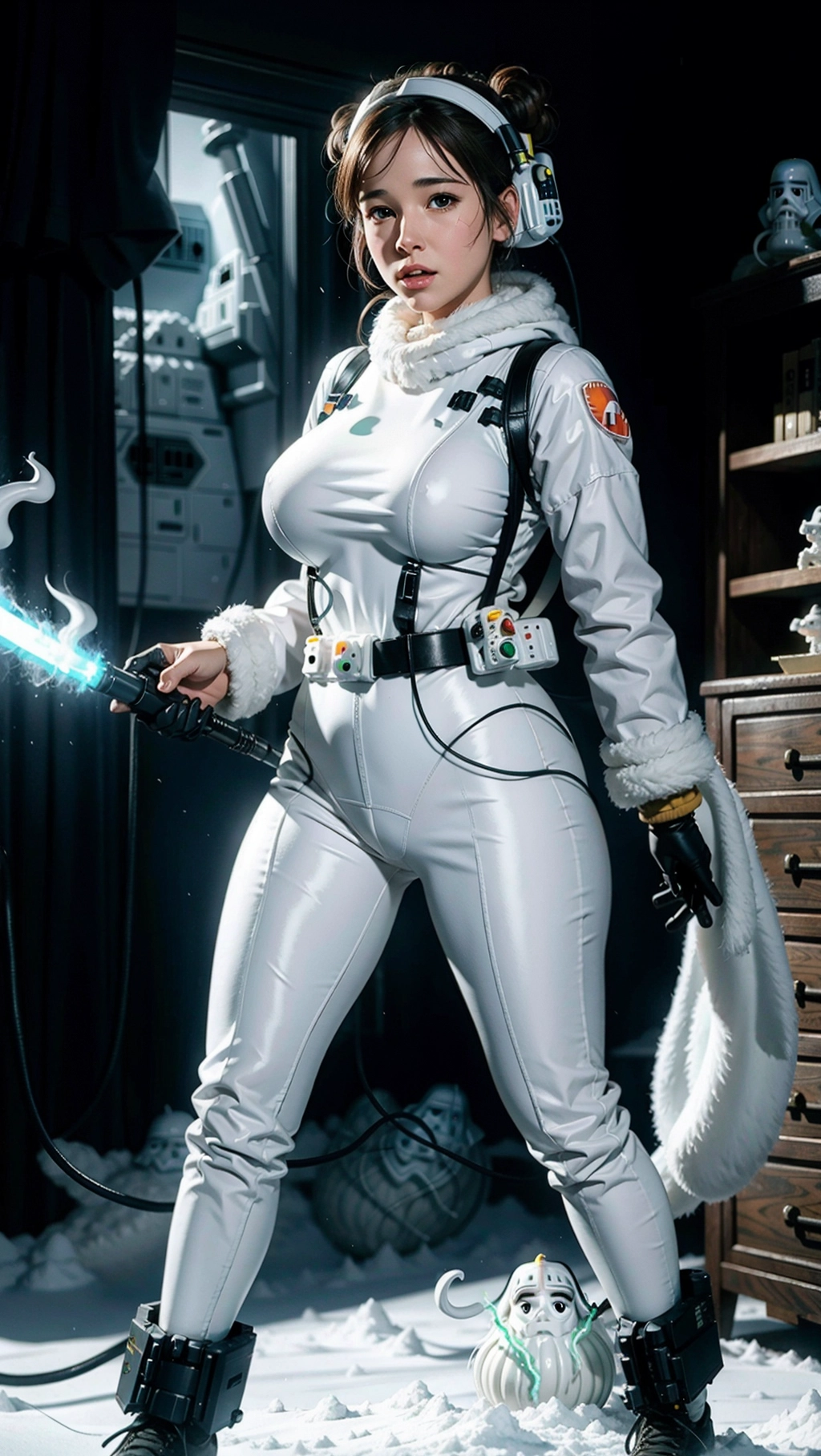 ((8k, RAW photo, best quality, masterpiece:1.2), (realistic, photo-realistic:1.37), ultra-detailed, (Hoth Ghostbuster:1.4), full body, slender, (big tits), skinny, fucked by, monster, in a dungeon, fantasy style, no hat,