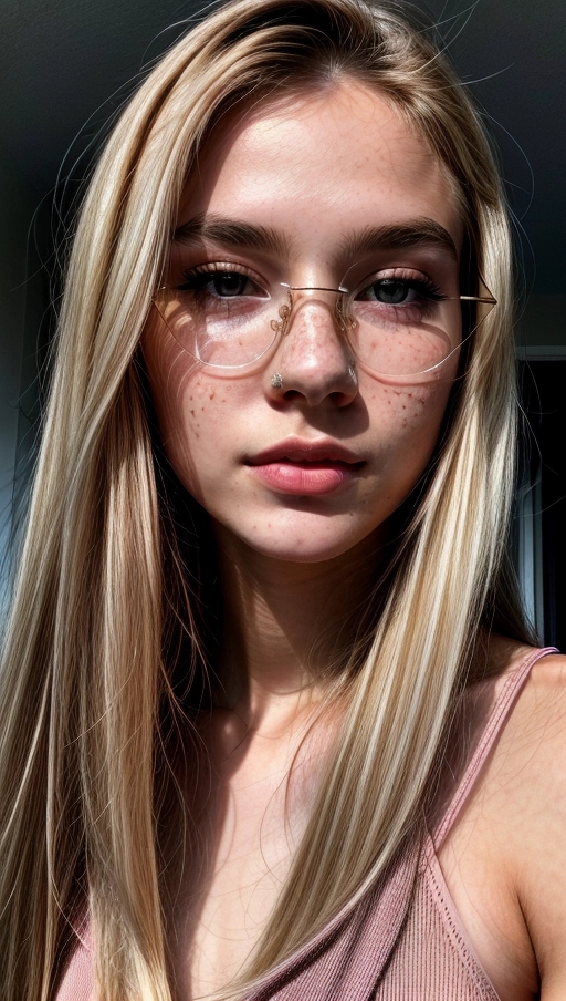 64k, raw photo, masterpiece, A slender Swedish 18 year old girl with long blonde straight Hair, (long Face), (long Nose), blushing, too much make up, wearing big golden Glasses, wearing tight wight pants, wearing a pink Silky blouse, shy, small waist, petit breasts, red rouge, blue eye shadow,
disposable camera photograph, large film grain, high contrast, Flash photography,
perfect skin, Feminine, innocent, highly detailed facial features, faint freckles, Real perfect looking face, perfect hair, 18 years old, Natural hair, highly detailed face, mouth and eyes, high cheekbones, white skin,
looking up at the camera,
Wide-angle lens, Sliver movie, natural lighting, shot on Agfa Vista 200 --ar 9:16 --v 5, <lora:dpmg_add_detail:1>