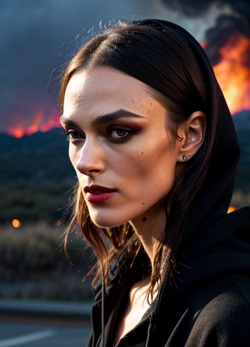 (skinny goth Keira Knightley:1.11),
(black makeup, black eyeshadows, red lips:1.13),sideview,(focused:1.2),
(accurate face, photorealistic face,perfect face,detailed face:1.27),
serious,(in dense smoke, strong thunder, vivid flames and fire in background:1.3),(wearing black hoodie:1.1),
(face close up:1.25),
uncensored,
HDR, UHD, 64K,
Highly detailed,
Vivid Colors,
Studio lighting,
Professional,
Unreal engine,