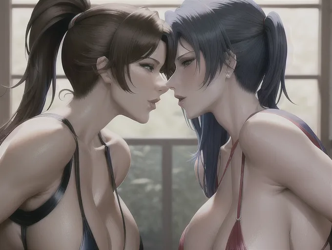 ultra high quality masterpiece romantic nsfw kissing scene, 2 women, both fully in frame, Leona Heidern from King of fighters, (Blue hair), bangs, shorter ponytail, D cup breasts, and Mai Shiranui from Dead or Alive, ((dark brown hair)), bangs, white hairpiece, DD breasts, <lora:yuri_kiss:1>