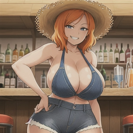 distant shot of a highly detailed slim woman with a big grin with orange hair looking back with a straw hat wearing tiny blue bra and large cleavage and tiny waist and flip flops with tiny ripped jean shorts in a bar background