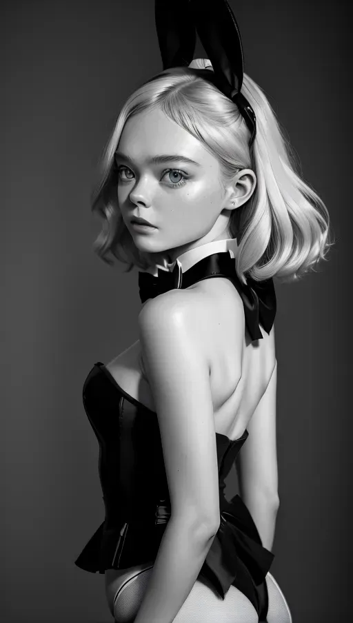 8k High resolution photoreal photography of Elle fanning, as a playboy bunny,
Natural skin, natural hair,
High Definition skin, high definition hair,
Wearing black strapless body, wearing white rabbit tail,wearing a black bow tie,
Back to the camera, looking in the camera,