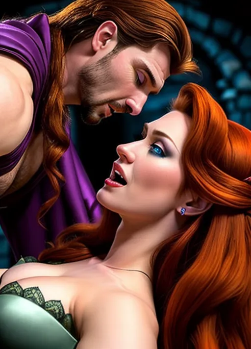 low angle hypnotized sweet Beautiful youthful entranced auburn haired Queen Anna of Arendelle sharing a dark embrace and passionate kiss of the stoic and debonair Van Dyke goatee raven haired Dracula his fangs bared as she pulls her hair to one side arching her neck preparing to receive his vampiric bite, in the the very dark cramped spooky cobwebbed halls of a haunted house photorealistic.