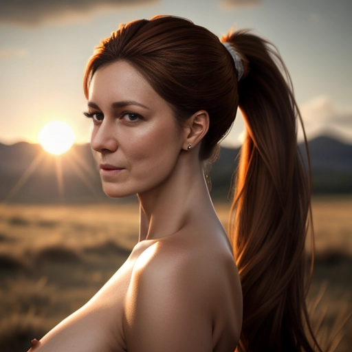 Photo, woman, Model, long shot, Sun lighting, outdoor, HDR, UHD, 64K, beautiful woman, brown hair, ponytail, nsfw