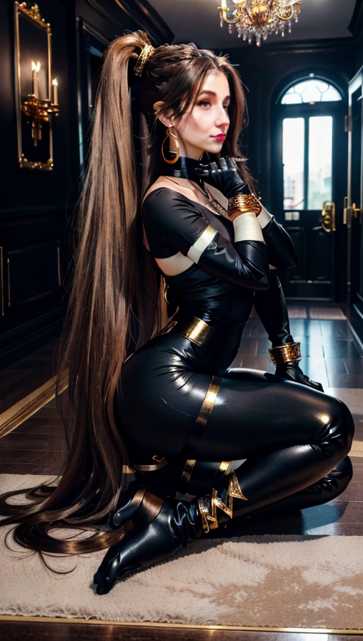 best quality, (((ultra high res))), (((detailed face and eyes))), (perfect face), big shining heart choker, earrings, jewelry, ((long voluminous hair)), (((long black gloves))), ((brown hair)), straight hair, (((golden bracelet))), ((single ponytail)), (((huge golden hair cuff))), ((skintight dress)), purple, (lipstick), ((((neckholder top)))), (((skintight))), ((entrance of old mansion)), ((neckholder)), (((black leggings))), ((((her very long hair is going down to the floor)))), black boots, ((cameltoe)), (((stretching)))