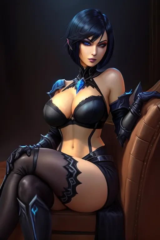 world of warcraft, human female, death knight, black bra, short black bob cut hair, big tits, large breasts, black nylon stockings, sitting on a couch, crossed legs, hands under breasts, luminous eyes, blue eyes, cold eyes, icy eyes, black high heeled sandals, viewed from the side, feet in black nylon stockings,