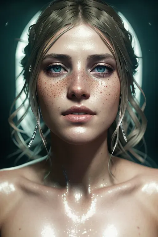 Insanely detailed Portrait photograph of beautiful woman in see-through linen, she has wavy blonde hair and freckles, lavender eye color, ultra detailed face, lacy white clothes, symmetrical eyes, silver circlet, showing cleavage, soft face, deep colors, full moon lighting glow background, shadows, Breathtaking Fantasycore Artwork By Jean Baptiste Monge, Alberto Seveso, Erin Hanson, Jeremy Mann, Intricate Photography, A Masterpiece, 8k Resolution Artstation, Unreal Engine 5, Cgsociety, Octane Photograph, sharp focus