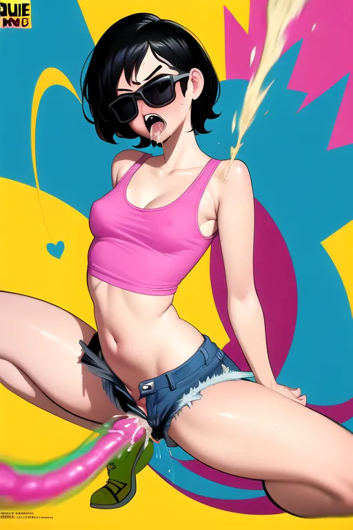 comic book style, Jubilee getting fucked by alien beasts, vaginal sex, blowjob, double penetration, short black hair, jean shorts, pink sunglasses, tank top, slender figure, thin legs, small round breasts, eyes closed, furrowed brow, squirting cum,