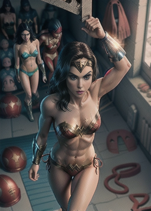 Wonder Woman inside a prison cell (((pulling down her bikini bottom))