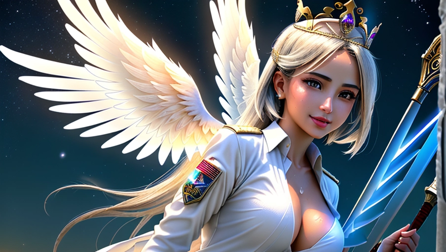 a 64k high detailed photo of body shot of straight Female Defense HDR Professional ((In defense gear))) ((Has Defensive Attire)) Godly Ultra Detailed Best Quality Most Detailed ((Angel Wings)) Angelic Lighting Love Hope Magic casting Crown Smiling Queen happy Glory Warrior Angels Angelics Positivity Happiness ecstasy enraptured sweaty saving God Royalty Morality Goodness True Good Power Force Authority Ethical Saviour Halo short Hair Always and Forever Sentimental in heat hot ultra hot best best lighting tantric Neutral Brilliant Logical Compassionate Perfect Perfection Exciting Integrity Winged Courage Purity Harmony Beauty mark on upper lip ((Female)) Ethereal Lighting Celestial Lighting (((With Clothes))) ((With God Item)) ((God Tech)) with items of power God Wings ((Afterlife Light)) Defensive Protection safety (((Angelic Weaponry)))