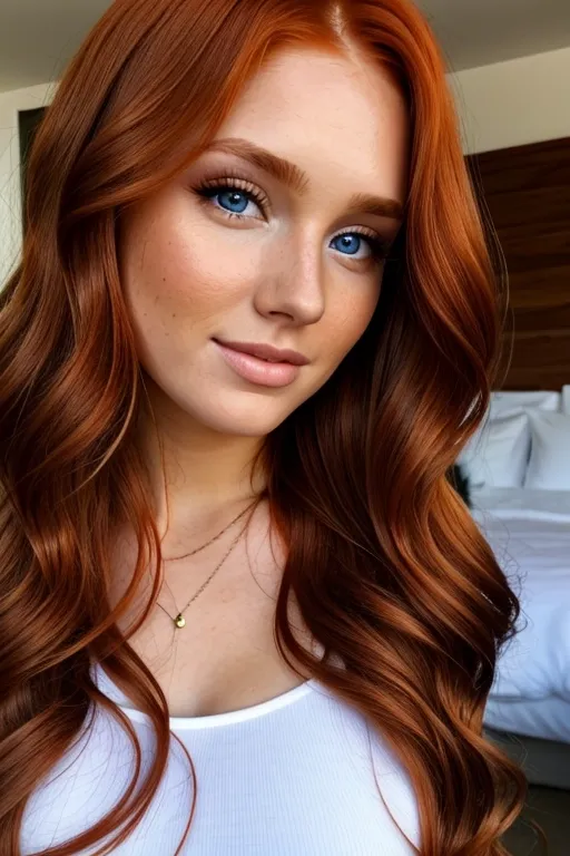A cute gorgeous tanned stunning ginger Irish redhead (young teen) with long wavy hair, huge wide-set large round eyes, long eyelashes, cheekbones