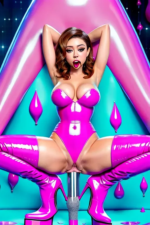 Sarah Hyland in latex boots, boobs exposed, gagged with pink tape, pussy dripping, big pink silicon dildo deep in pussy, tears streaming down face