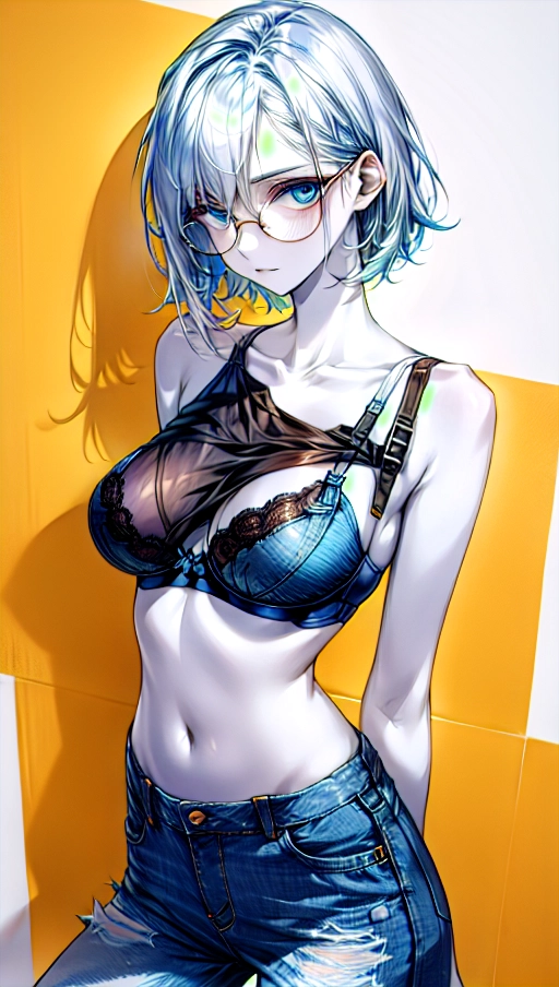 <lora:dpmg_euro_american:.55>, slim girl, medium perky breasts, pale white skin, slim build, short black mussed up hair, blue eyes, thin lips, wearing square rimmed glasses, casual ripped baggy sweater revealing bra underneath, short ripped jeans, <lora:dpmg_add_detail:.88>
<lora:onoff:1>