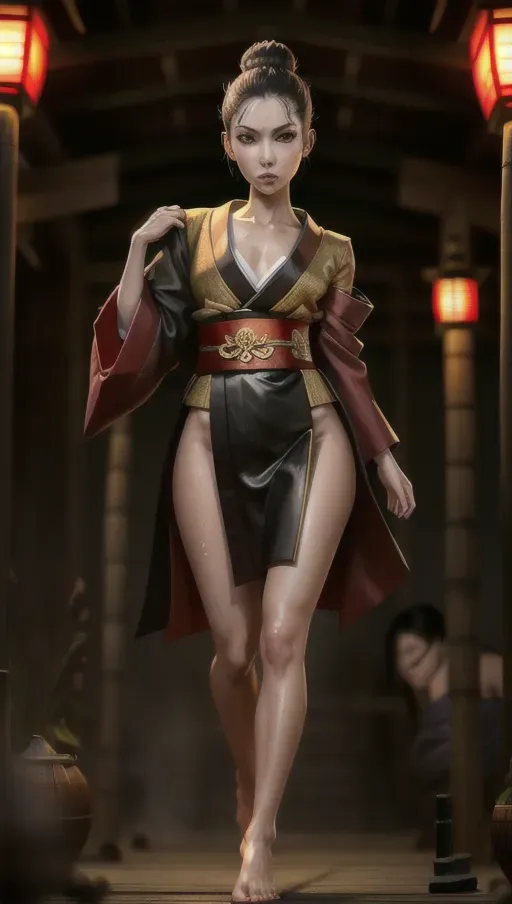 1girl, full body , detailed face, beautiful, attractive, sexy, flawless, shapely, sensual, fatal, lethal, deadly, hurt, bruised, feudal japan, japanese , seductive, surprised, startled, stunned, attacked, ambushed, assaulted, frightened, terrified, alarmed, scared, spooked, panicked, fearful, terrorised, moody lighting, night, short hair, dark hair, black hair, almond shaped eyes, eyes open, eyes wide, eyes wide open, thin lips, solo , masterpiece, ultra high res, professional, photo referenced, 25 years old, young adult, slim, pale skin, kimono, dark red kimono, saliva, saliva dripping, summer, thin clothing, sweat, sweaty skin, shiny skin, purple eyeliner, small breasts, pain, head tilt, bending, bent, 1 character, bags under eyes, foot, feet, foot side, toe, toes, fully clothed, long legs, tall, bamboo forest, cosplay, fishnet, mini skirt, thong, traditional, ninja, kunoichi, tight, kimono, small breasts, cotton, bun, hair in a bun, neat bun, small hips, bare feet, wide shoulders, long neck, straight hair,