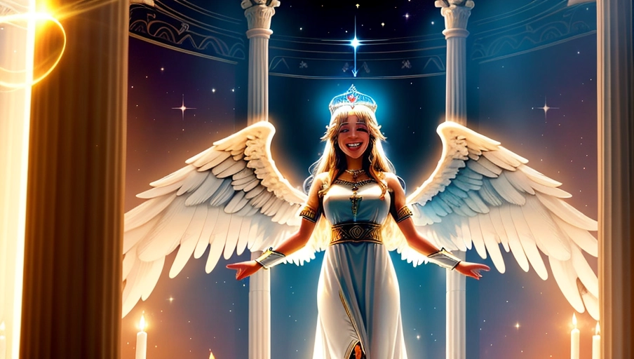 a 64k high detailed photo, standing female, Intimacy, saint, ((priestess)), religion, Sex Religion Tones, Intimacy Religion, Ultra Detailed, Best Quality, Most Detailed, (Angel Wings), Angelic Lighting, Love, Hope, Magic casting, Crown, Queen, Smiling, happy, Glory, Warrior, Angels, Angelics, Positivity, Happiness, ecstasy, enraptured, sweaty, saving, God, Royalty, Morality, Goodness, True Good, Power, Force, Authority, Ethical, Saviour, Halo, Always and Forever Sentimental, in heat, hot, ultra hot, best, best lighting, tantric, Neutral, Brilliant, Logical, Compassionate, Perfect, Perfection, Exciting, Integrity, Winged, Courage, Purity, Harmony, Beauty mark on upper lip, Family, Titan, Primordial, Protogenoi, Happiness, Happy, True Happiness, The Light themes, Heavenly Themes, Life, Death, The Rise, clean, Sexiest, Prettiest, Most, Beautiful, Angelic, Speech, ecstasy impression, ((Smiling)) (Happy Expression)) ((Love Worship)) ((((Flirting)))) (((Multiple Female Angels))) (Love) (Love Magic) (Casting Love Magic)