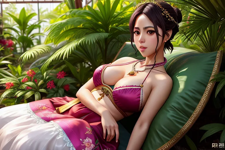 a photo shot of,shakira,wearing hanbok,sitting,in a lush greenhouse,natural breasts,five slender fingers,short hair,beautiful face,beautiful lips,detailed large eyes,curved eyebrows,smooth skin,romantic,wearing necklace,artstation,cgsociety,pixiv,professional,smooth