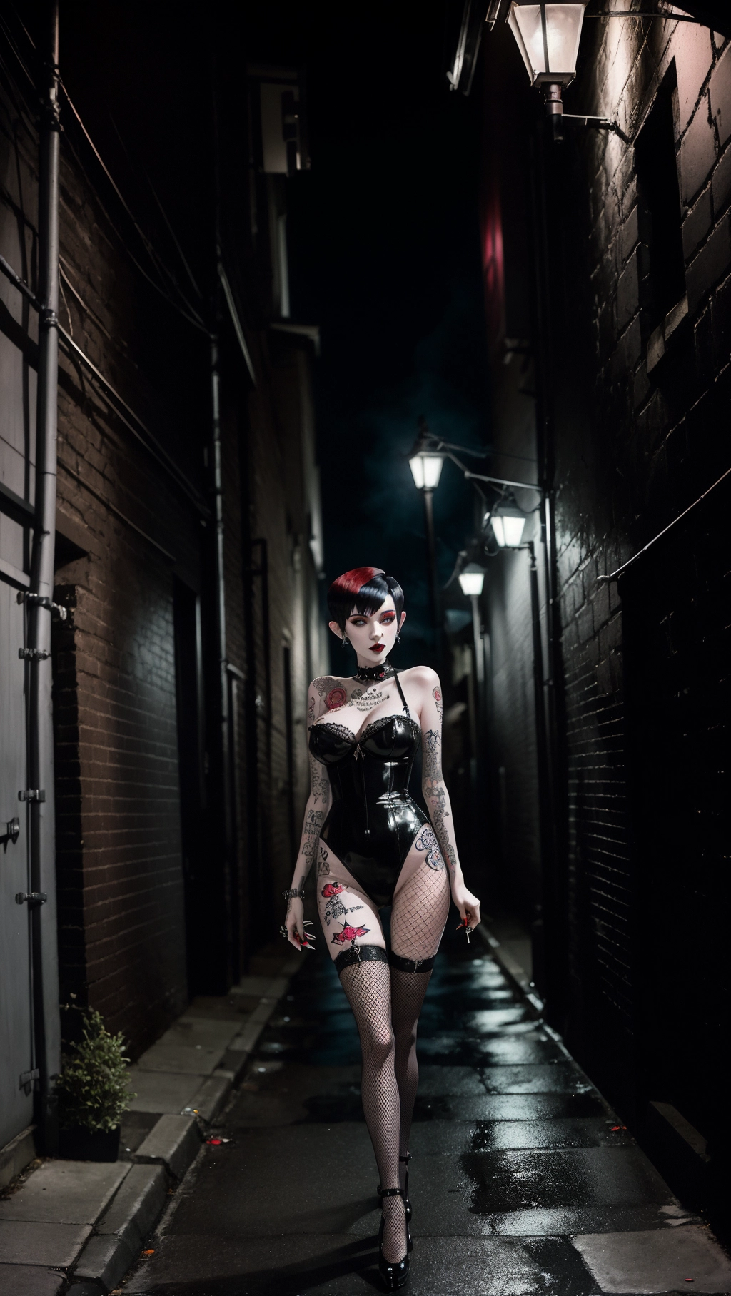 Goth woman with black red hair, big breast, skinny, long legs, tattooed, pixie haircut, in an alley at night, raining, fishnet, leaning against a wall smoking a cigarette