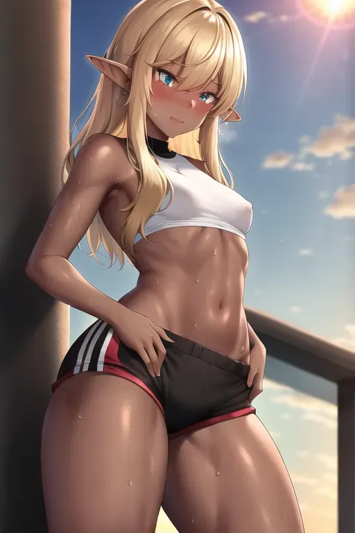 photograph, teen, an elf, fit, sweaty, black, gym, sunset, sunlight, shy, 8k, professional, medium to small breasts, naked, training top and short shorts halfway off