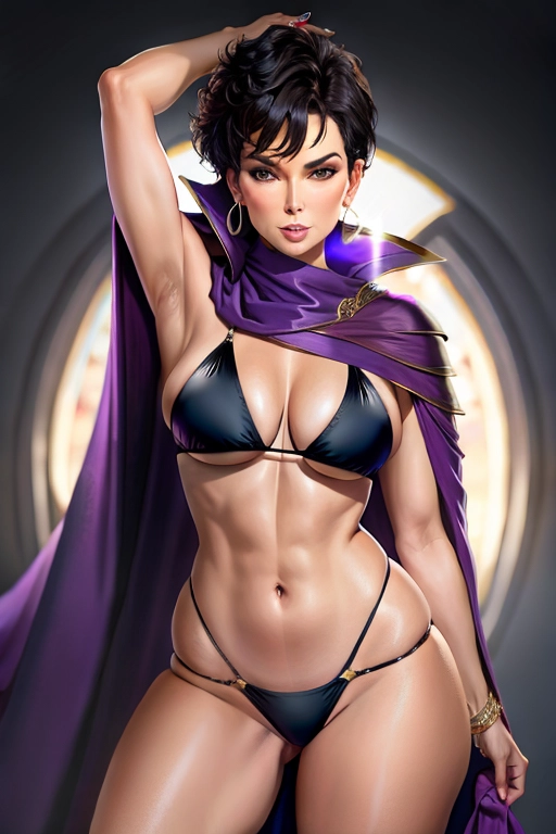 Kris Jenner woman dark hair bikini armor purple cape thong thick thighs