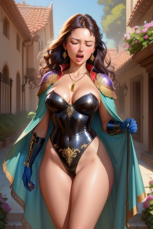 High Fantasy, Greta Thunberg, ((Accurate face)), necklace, ((sexy leotard)), ((accurate face)), shy, gloves, cloak, standing, fit, highly detailed, correct human anatomy, looking at viewer, front, ((full body and thighs visible)), cute and sexy, highly detailed, detailed breasts, They are being overcome by a powerful (((sneezing fit))) which is making them ((sneeze uncontrollably)) with ((nostrils flaring)), ((eyes closed)) and ((mouths wide open)), flowers and villa in the background, intricate motifs, organic tracery, perfect composition, warm dreamy tones, digital painting, artstation, concept art, smooth, sharp focus, illustration, Carne Griffiths, pixar, Michael Garmash, Frank Frazetta, Victo ngai, Jean Baptiste Monge, shiny aura