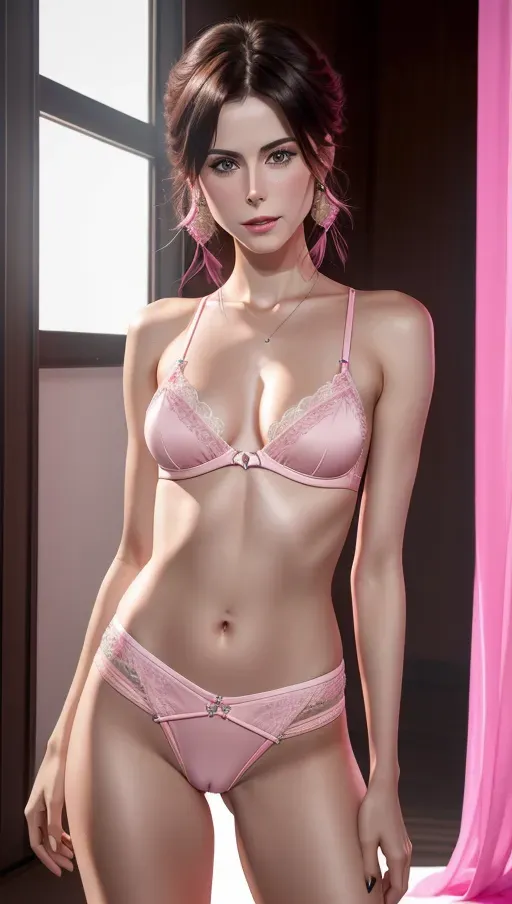 A 8k high resolution photography of german Singer Lena Meyer-Landrut, Wearing pink string tanga , realistic vagina, shaven pussy, accurate skin,