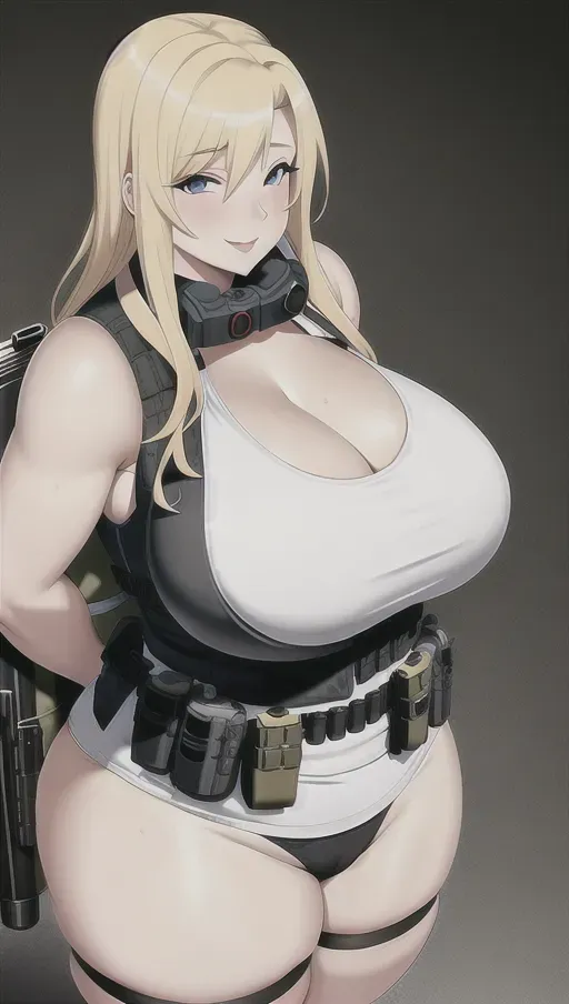 white-skinned ((suicide bomber)) curvy woman with blonde hair and (enormous breasts), sexy face, smiling, wearing a sports bra with a deep v-neck, deep cleavage, tactical vest, (((explosive vest))), explosives strapped to vest, chubby, thick thighs