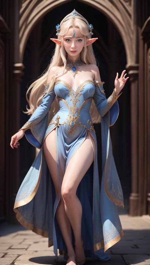 Elf, wearing noble blue dress ,full body in view, highest quality, highly detailed face, perfect eyes, five fingers hands,