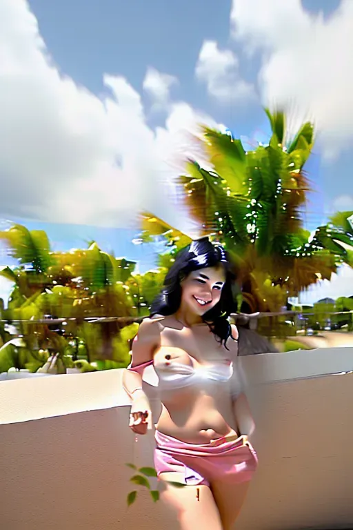 <lora:dpmg_shirt_pull:1>, black hair, philipina, long hair, eyelashes, brown eyes, looking down, motion lines, no bra, smile, pink shirt, shirt pull, bare shoulders, collarbone, unaligned breasts, small breasts, bouncing breasts, upper body, spoken exclamation mark, simple background, white background,