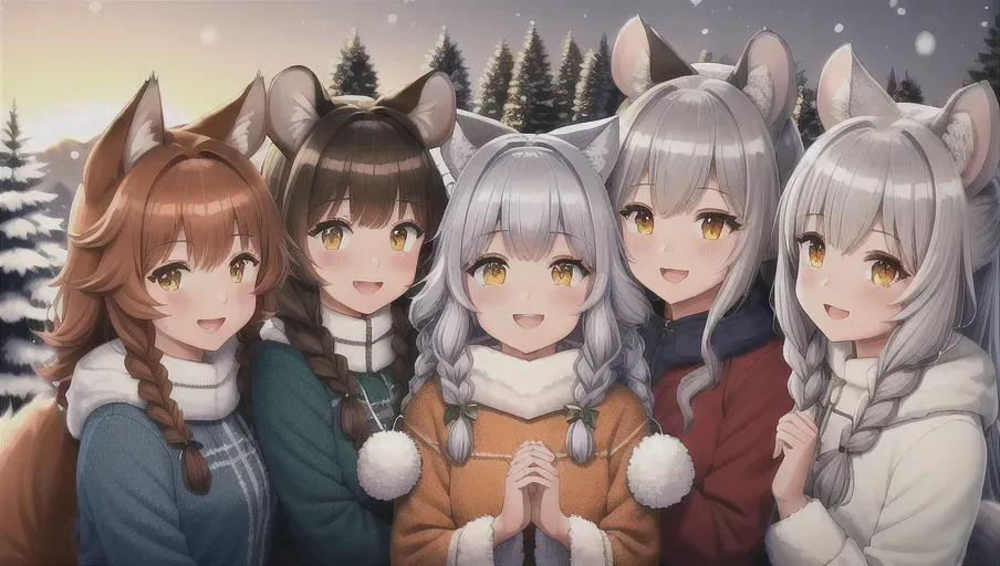 best quality, highly detailed, detailed background, 6girls, a group of 6 anime friends having a great time, (a wolf girl with brown hair and green eyes. the wolf girl has fluffy wolf ears and a fluffy wolf tail), (a mouse girl with long brown hair and blue eyes), (a cat girl with braided strawberry hair. the cat girl has fluffy cat ears and a fluffy tail), (a wolf girl with braided short silver hair and gray eyes. the silver haired girl has fluffy wolf ears and a fluffy tail), (a country fox girl with sunset orange colored hair and brown eyes. the fox girl has fluffy fox ears and a fluffy tail), all the girls are wearing winter outfits, wholesome, cute, visible breath, cold outside, detailed faces, rosy cheeks, different faces for each girl, snowy pine trees and a lodge in the background, fireworks, holiday, HDR, happy magical feeling, studio lighting, detailed hands, professional, unreal engine, all the girls eye colors are different,