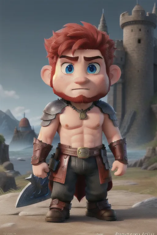 High fantasy, Berserk, a strong, warrior human, Guts, wavy red hair, pale skin, angry eyebrows, handsome blue eyes, small nose, strong cheeks, full beard, strong chin, animal skin coat, black leather armor, huge two-handed greatsword, going into battle, battle field, war in the background, castle and dragon in the far background, high definition, 4k quality, excellent lighting, great shading, pristine detail, very clear picture, vibrant colors, accurate at lower promp guidence, ultra realistic, five fingers per hand.