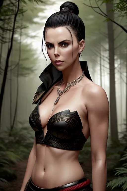 a digital art of,charlize theron,wearing samurai clothes,standing,in the forest,big breasts,five slender fingers,undercut hair,gorgeous face,beautiful lips,detailed large eyes,curved eyebrows,pale skin,romantic,wearing necklace,bokeh,pixiv,unreal engine,cinematic lighting,surreal