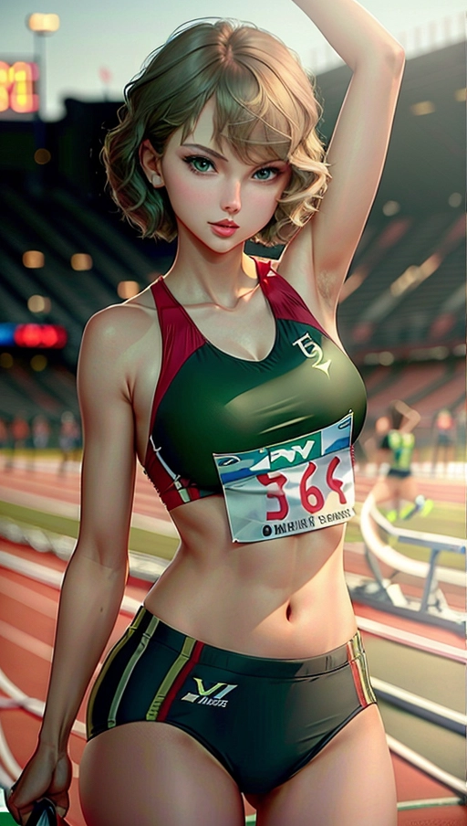taylor swift,wearing track uniform,on the track field,stretching,natural breasts,five fingers per hand,short hair,beautiful face,beautiful lips,green eyes,curved eyebrows,curved eyelid,textured skin,satisfaction,professional,unreal engine,bokeh,sharp focus,<lora:track_uniform:1>