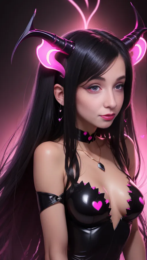 best quality, (((ultra high res))), (detailed face and eyes), ((hearts)), perfect face, ((big heart pasties)), heart choker, golden earrings, jewelry, golden heart necklace, (((succubus))), black horns, lipstick, seductive scent, ((gentle touch)), pleasure, orgasm, seductive, charming, Lust, Penetration, straight hair, (face closeup), (((dark black hair))), ((((glowing pink eyes)))), small tits
