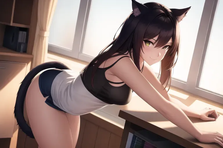 digital art, 20 year old, a cat girl, athletic, camisole, study room, daytime, natural light, happy, 8k, professional