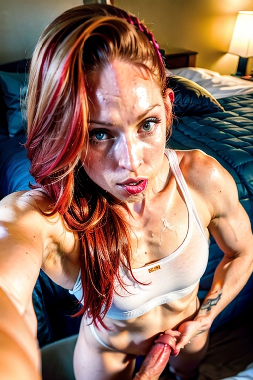 (photo realistic:1.37),
(((masterpiece))), <lora:dpmg_add_detail:0.5>,
Subject- (adult female, accurate face, <lora:PN7xrGpnVMg_Ashlee:0.9>)
Female Body- (pale skin, althletic, bodybuilder, muscular, toned, small breasts:1.3), (smooth skin, youthful skin, glowing skin, painted fingernails),
Hair- (red hair, elegant hair),
Expression- (mouth open, gagging on cock),
Wearing- (BDSM outfit, latex, topless (breasts exposed, small hard nipples)),
Action- (male sex partner, her mouth being fucked by a man, deepthroat blowjob (his penis buried in her mouth, phallus not visible), grabbing, held, violent sex, (dpmg_side_deepthroat_v1:1.2)), (puking cum, cum vomit, spewing cum from her mouth, drooling cum, thick cum. mouth full of cum and she is puking it onto the bed, (puking:1.4)),
Other- (atmospheric lighting, fancy gamer bedroom, youtuber, gaming computers, webcam, anime posters),