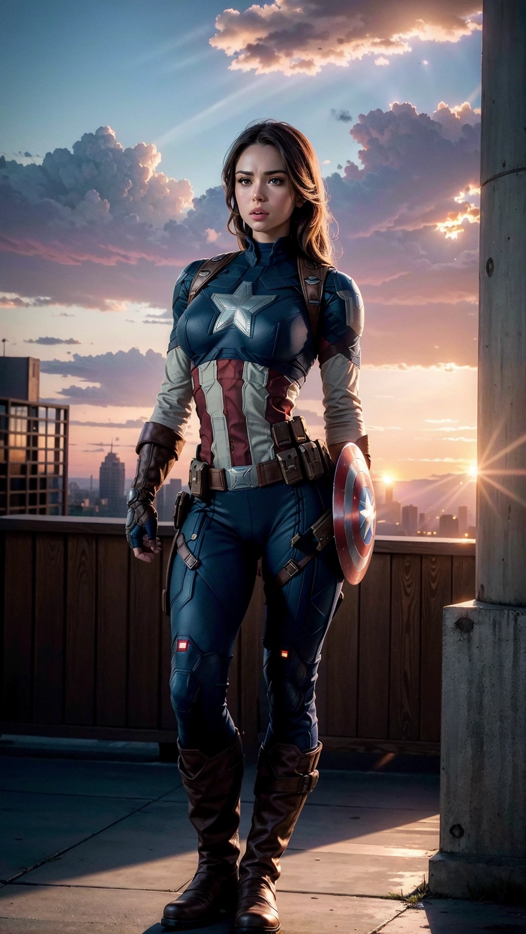 ((8k, RAW photo, best quality, masterpiece:1.2), (realistic, photo-realistic:1.37), ultra-detailed, full body, 1 (Female Captain America), solo, detailed Post Apocalyptic City setting, daytime, beautiful detailed eyes, beautiful detailed lips, professional lighting, photon mapping, radiosity, physically-based rendering, extremely detailed eyes and face, light on face, cinematic lighting, revealing Captain America attire, nipples, boots, 1 Female Female Captain America, full body, see-through, leaning toward camera, looking at viewer, outdoors, ((colorful_sunset)) sky)),