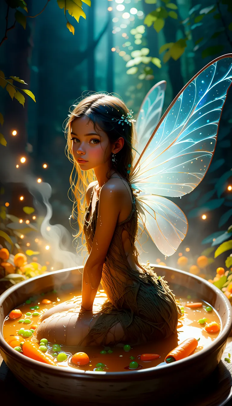 A cinematic, hyper-realistic portrait of a whimsical 18-year-old fairy girl with a youthful, slightly mischievous expression, sitting gracefully inside a large, rustic ceramic soup bowl filled with golden broth and vibrant vegetables like carrots and peas. She has long, flowing hair in a deep forest green hue, adorned with tiny sparkling dewdrops, and translucent iridescent wings that shimmer with blue and silver veins. Her wet transparent outfit consists of textured, earthy brown garments made of organic fibers that resemble tree bark and moss. The lighting is soft and magical, filtering through a dense enchanted woodland background to create a bokeh effect of glowing fireflies and dappled sunlight. The camera angle is a medium shot, capturing her serene posture as she balances perfectly in the warm liquid, with high-detail textures on her skin and the surrounding steam rising in delicate curls. The color palette is dominated by rich forest greens, warm ambers, and earthy browns, rendered in an 8k resolution style with a dreamy, ethereal atmosphere.